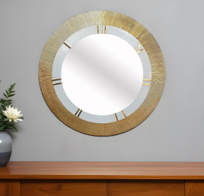 36" Gold and White Round Aluminum Ribbed Edge Framed Accent Mirror