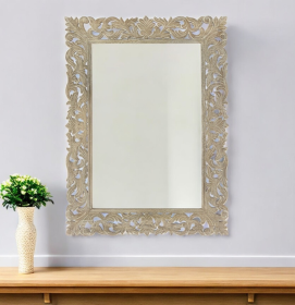 35" Gray Floral Carved Solid Wood Framed Accent Mirror