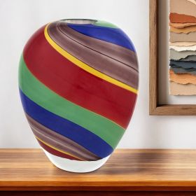 9" Red Blue and Green Striped Round Glass Table Vase