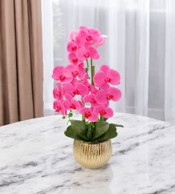 26" Pink Orchid Artificial Plant in a Striped Gold Round Vase