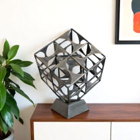 20" Gray Metal Geo Cube Tabletop Sculpture