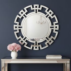 32" Silver Glass Round Art Deco Geo Framed Accent Mirror
