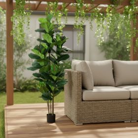 7" Green Artificial Fiddle Leaf In Cylindrical Black Cement Pot