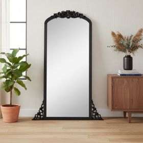 67" Black Wood Crowned Top Freestanding Ornate Framed Accent Mirror