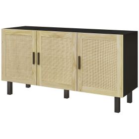 HOMCOM Boho Kitchen Cabinet, Buffet Cabinet with 3 Rattan Doors and Adjustable Shelves for Dining Room, Black and Natural