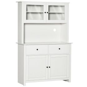 HOMCOM 63.5" Kitchen Hutch Cabinet, Pantry Storage Cabinet with 4 Shelves, Drawers, Framed Glass Doors, Open Microwave Countertop, Antique White