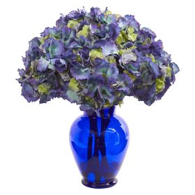Hydrangea Artificial Arrangement in Blue Vase (size: 21")